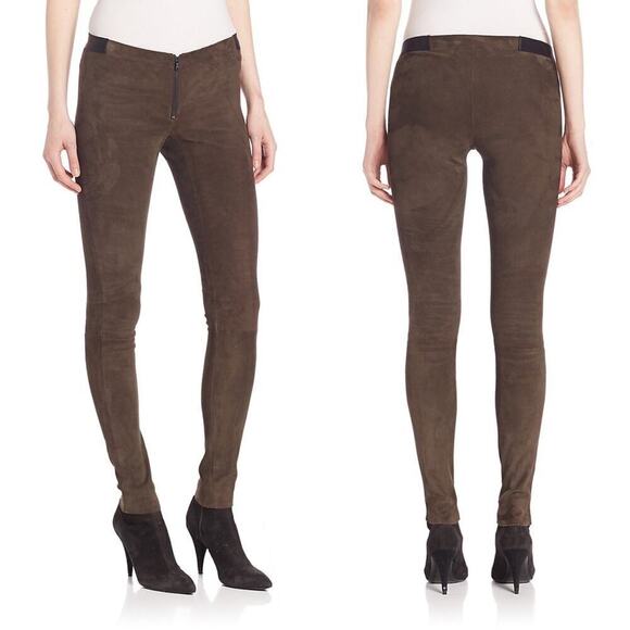 Alice + Olivia Suede Lamb Leather  Brown Skinny Pants 6 - Picture 2 of 16